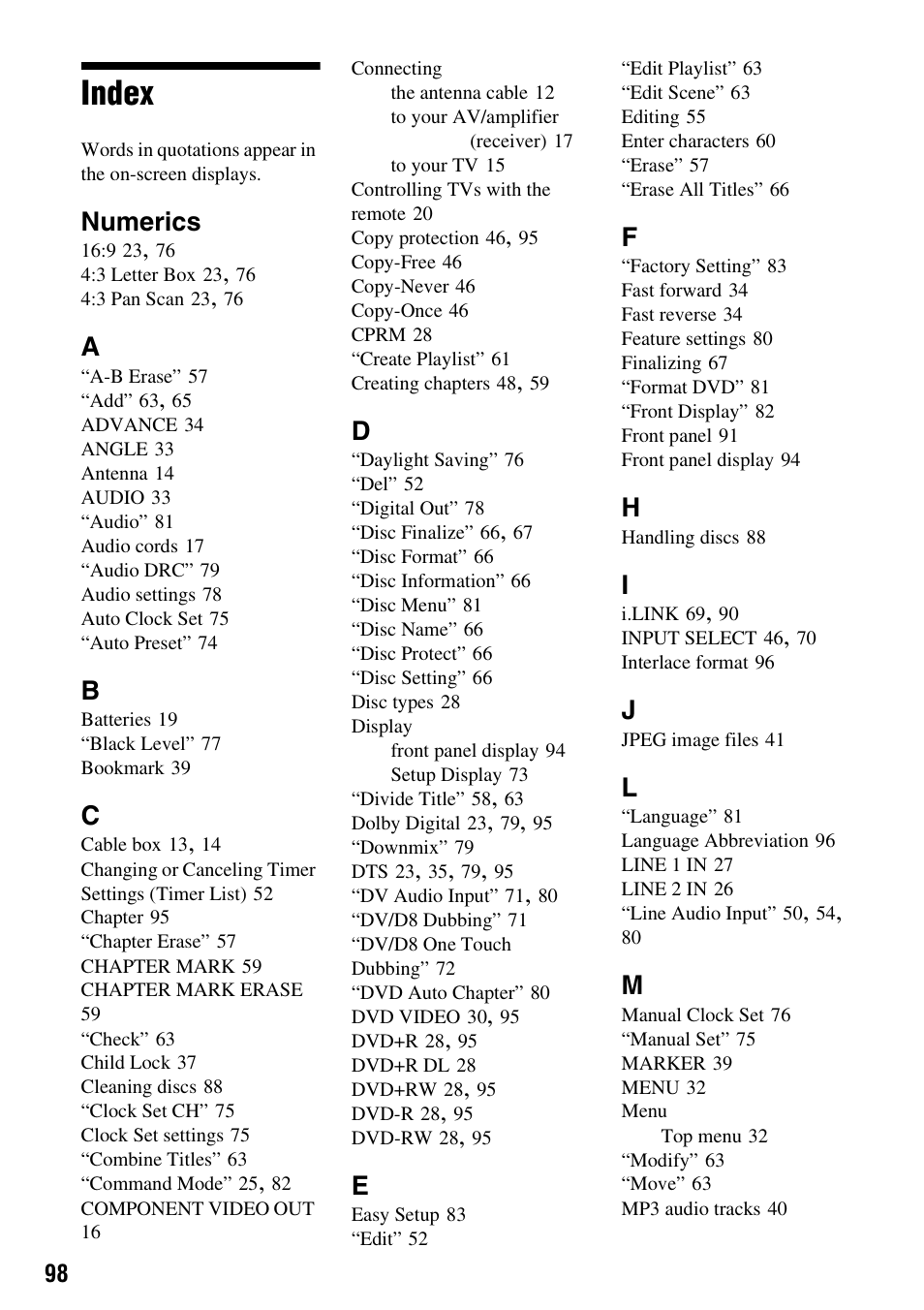 Index, Numerics | Sony RDR-GX315 User Manual | Page 98 / 100