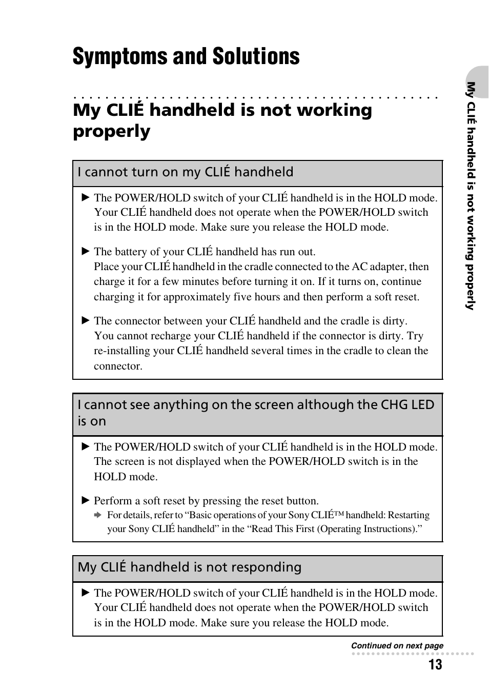 Symptoms and solutions, My clié handheld is not working properly, I cannot turn on my clié handheld | My clié handheld is not responding | Sony CLIE PEG-TG50 User Manual | Page 13 / 56