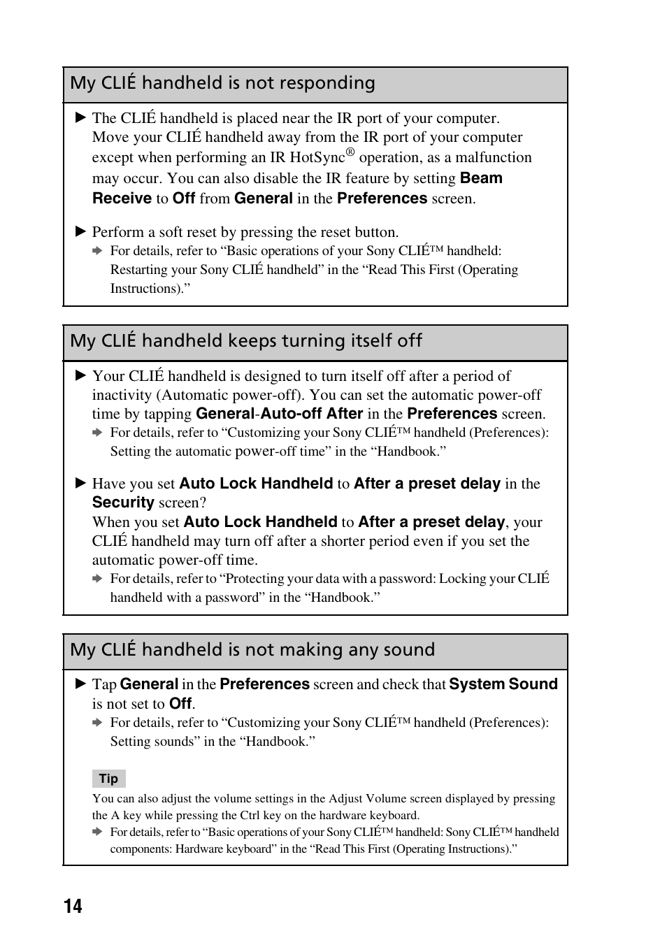 My clié handheld keeps turning itself off, My clié handheld is not making any sound, My clié handheld is not responding | Sony CLIE PEG-TG50 User Manual | Page 14 / 56