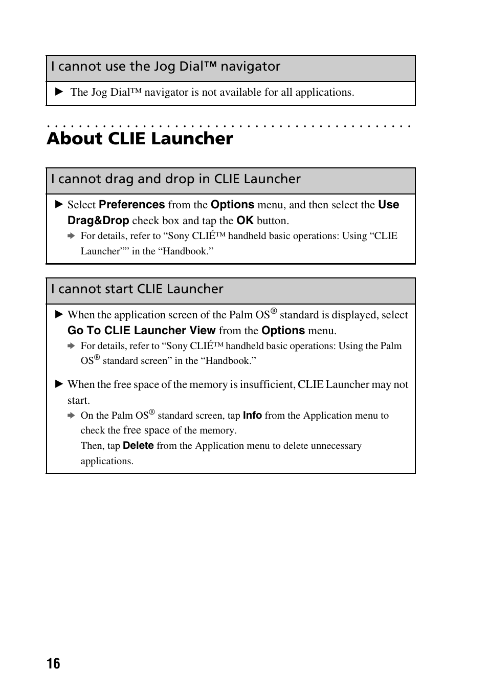 About clie launcher, I cannot use the jog dial™ navigator, I cannot drag and drop in clie launcher | I cannot start clie launcher | Sony CLIE PEG-TG50 User Manual | Page 16 / 56