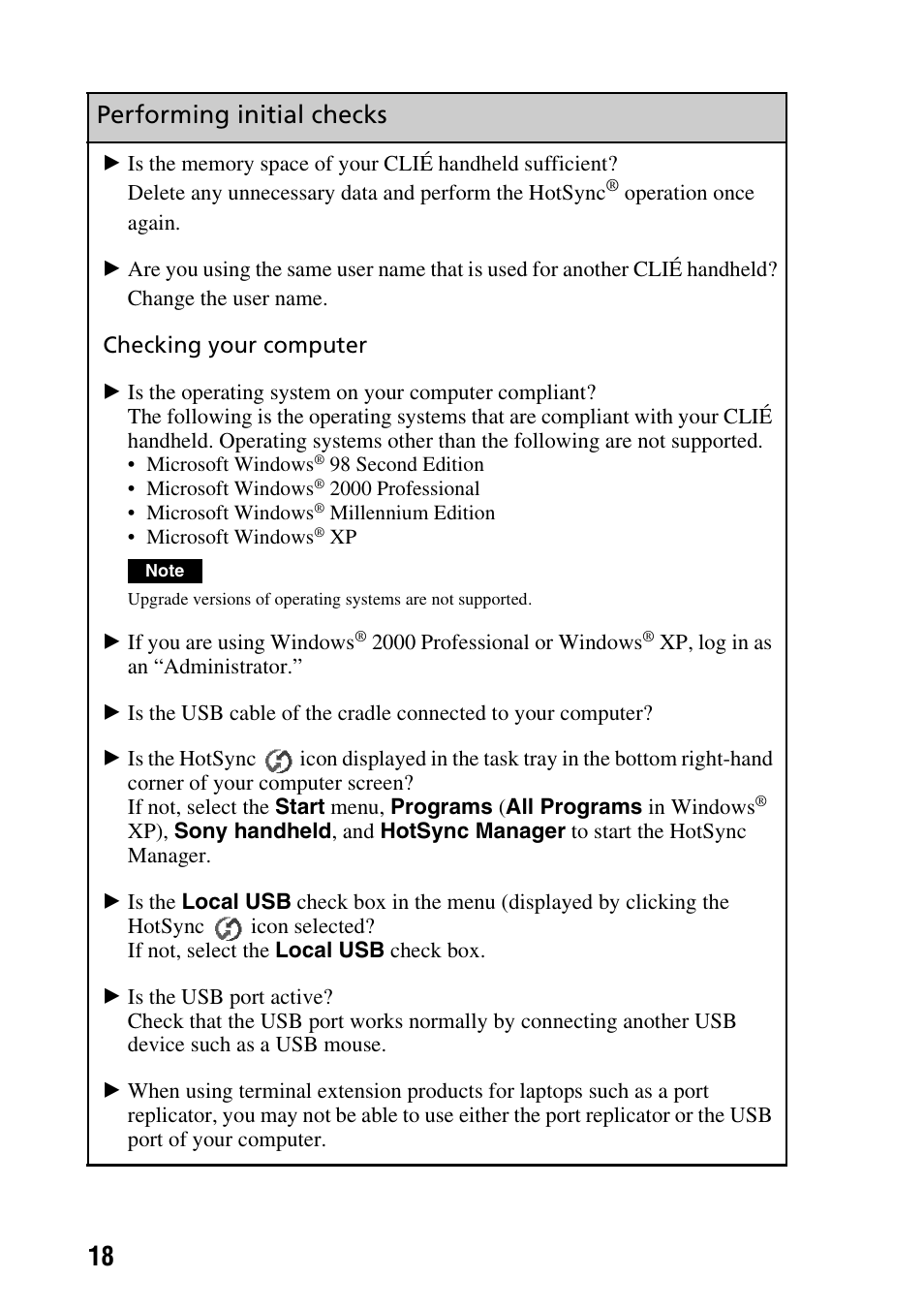 Performing initial checks | Sony CLIE PEG-TG50 User Manual | Page 18 / 56