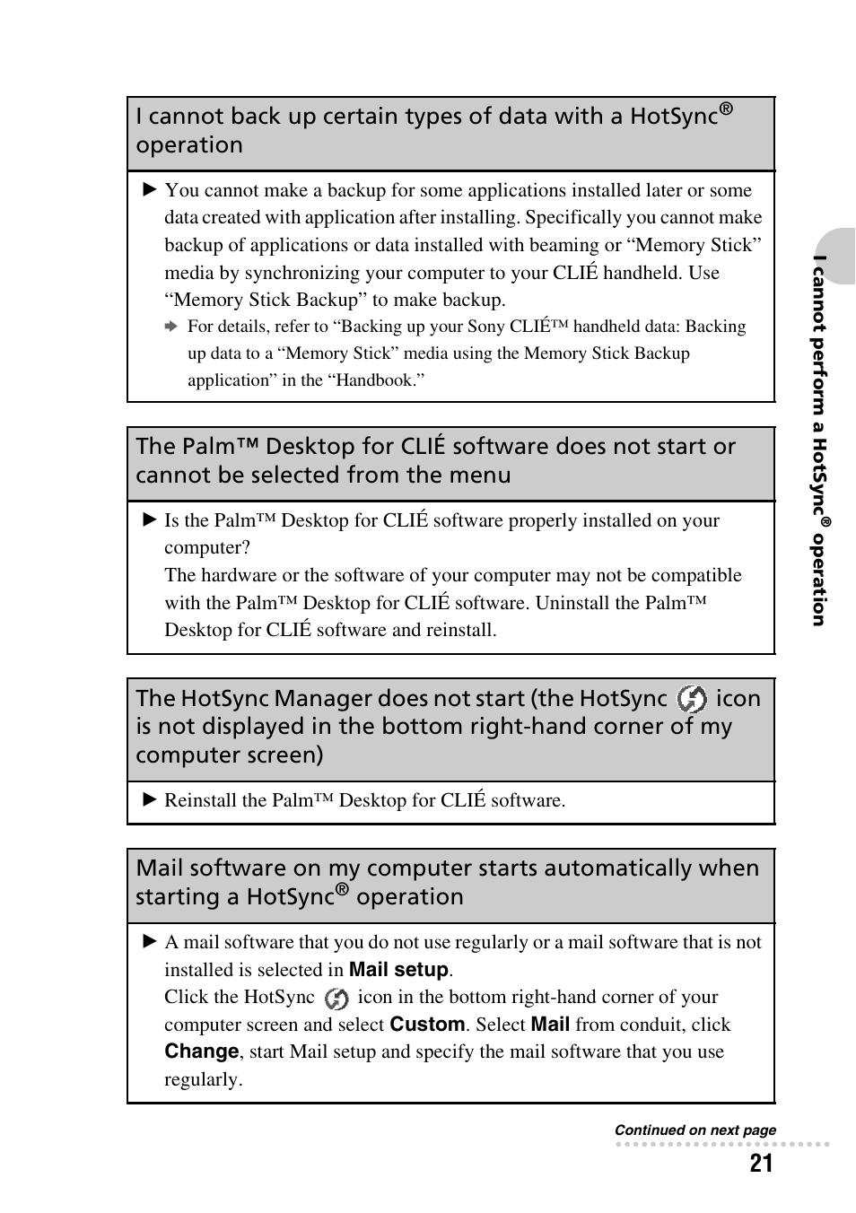 Operation, The hotsync manager does not start (the hotsync, Icon | Sony CLIE PEG-TG50 User Manual | Page 21 / 56