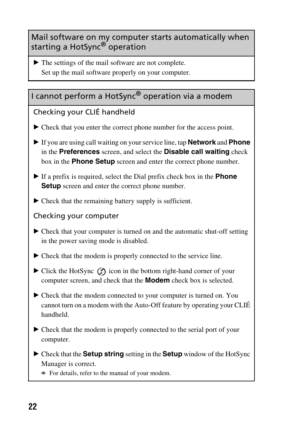 I cannot perform a hotsync, Operation via a modem | Sony CLIE PEG-TG50 User Manual | Page 22 / 56