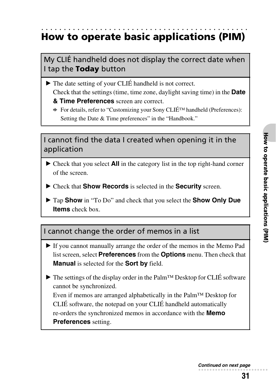 How to operate basic applications (pim), I cannot change the order of memos in a list | Sony CLIE PEG-TG50 User Manual | Page 31 / 56