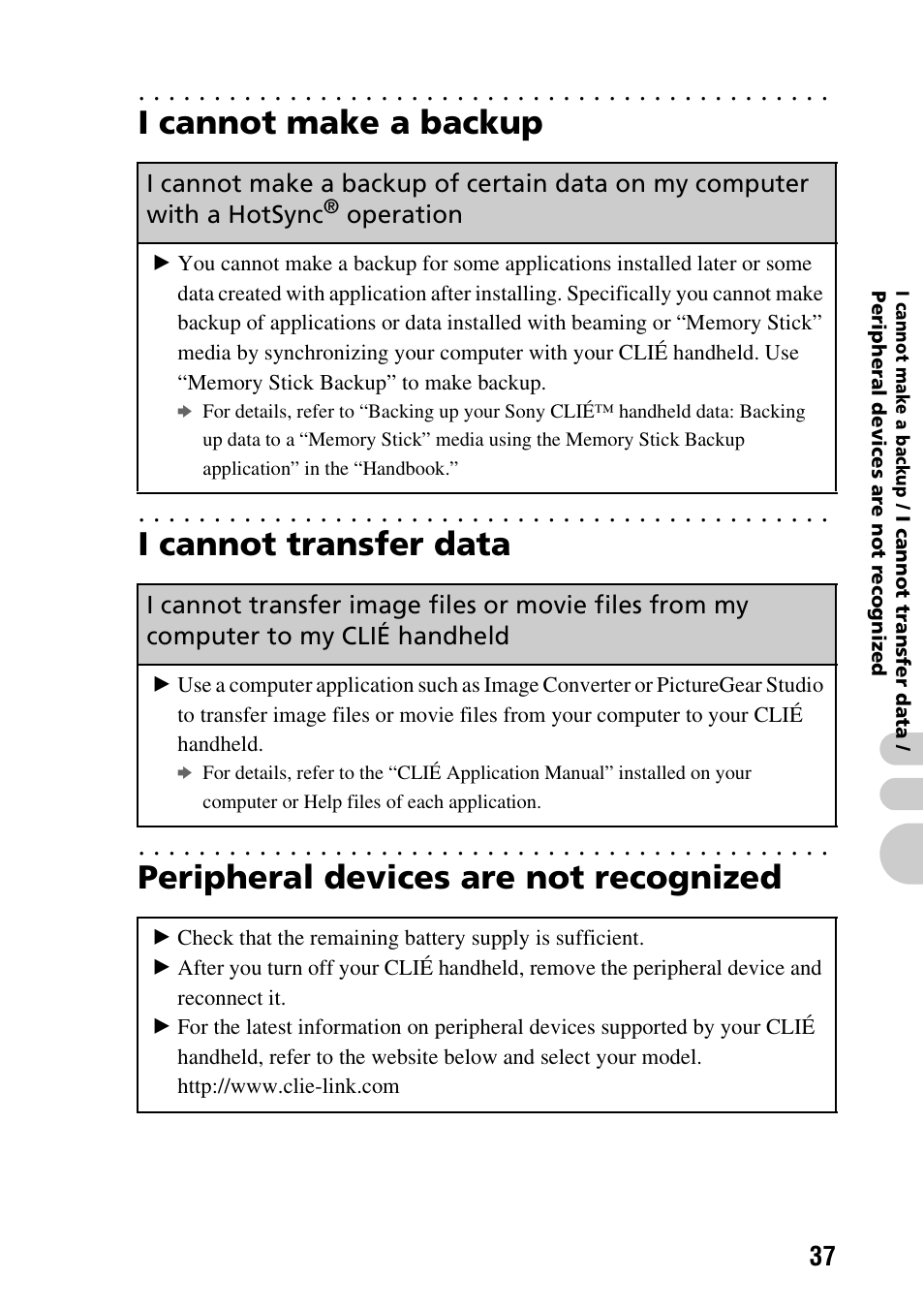 I cannot make a backup, I cannot transfer data, Peripheral devices are not recognized | Operation | Sony CLIE PEG-TG50 User Manual | Page 37 / 56