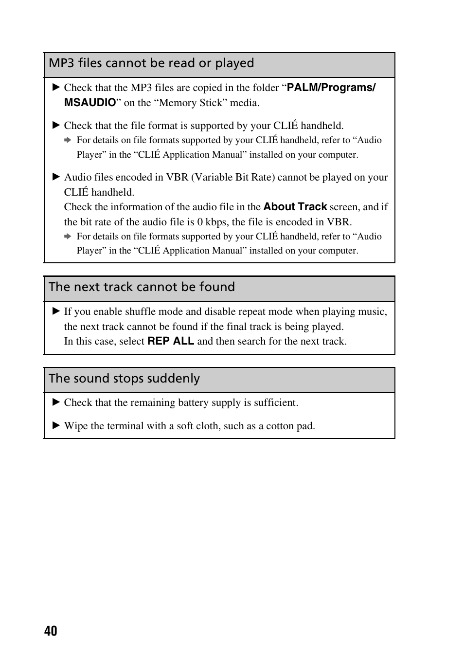 Mp3 files cannot be read or played, The next track cannot be found, The sound stops suddenly | Sony CLIE PEG-TG50 User Manual | Page 40 / 56