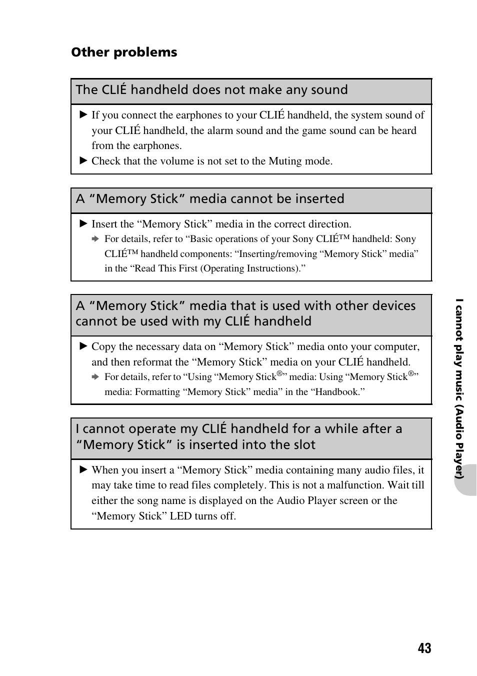 Other problems, The clié handheld does not make any sound, A “memory stick” media cannot be inserted | Sony CLIE PEG-TG50 User Manual | Page 43 / 56