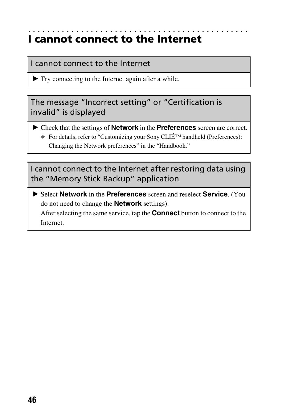 I cannot connect to the internet | Sony CLIE PEG-TG50 User Manual | Page 46 / 56