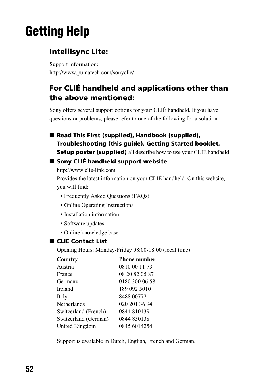 Getting help, Intellisync lite | Sony CLIE PEG-TG50 User Manual | Page 52 / 56