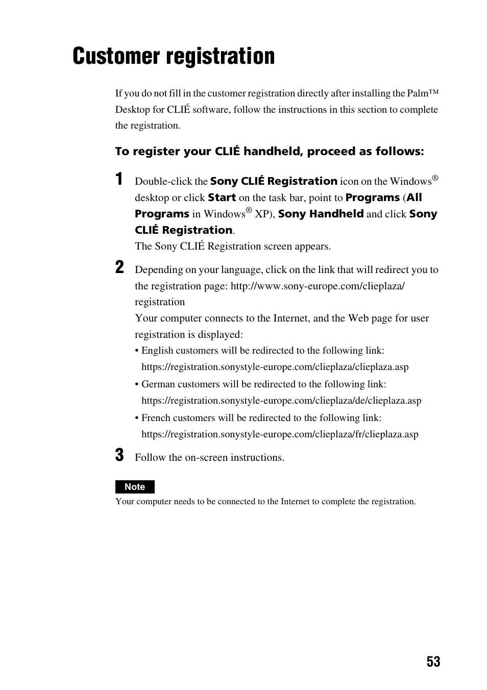 Customer registration | Sony CLIE PEG-TG50 User Manual | Page 53 / 56