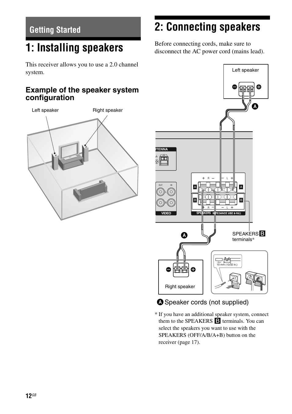 Getting started, Installing speakers, Connecting speakers | Installing speakers 2: connecting speakers, Example of the speaker system configuration, Aspeaker cords (not supplied) a | Sony STR-DH100 User Manual | Page 12 / 36