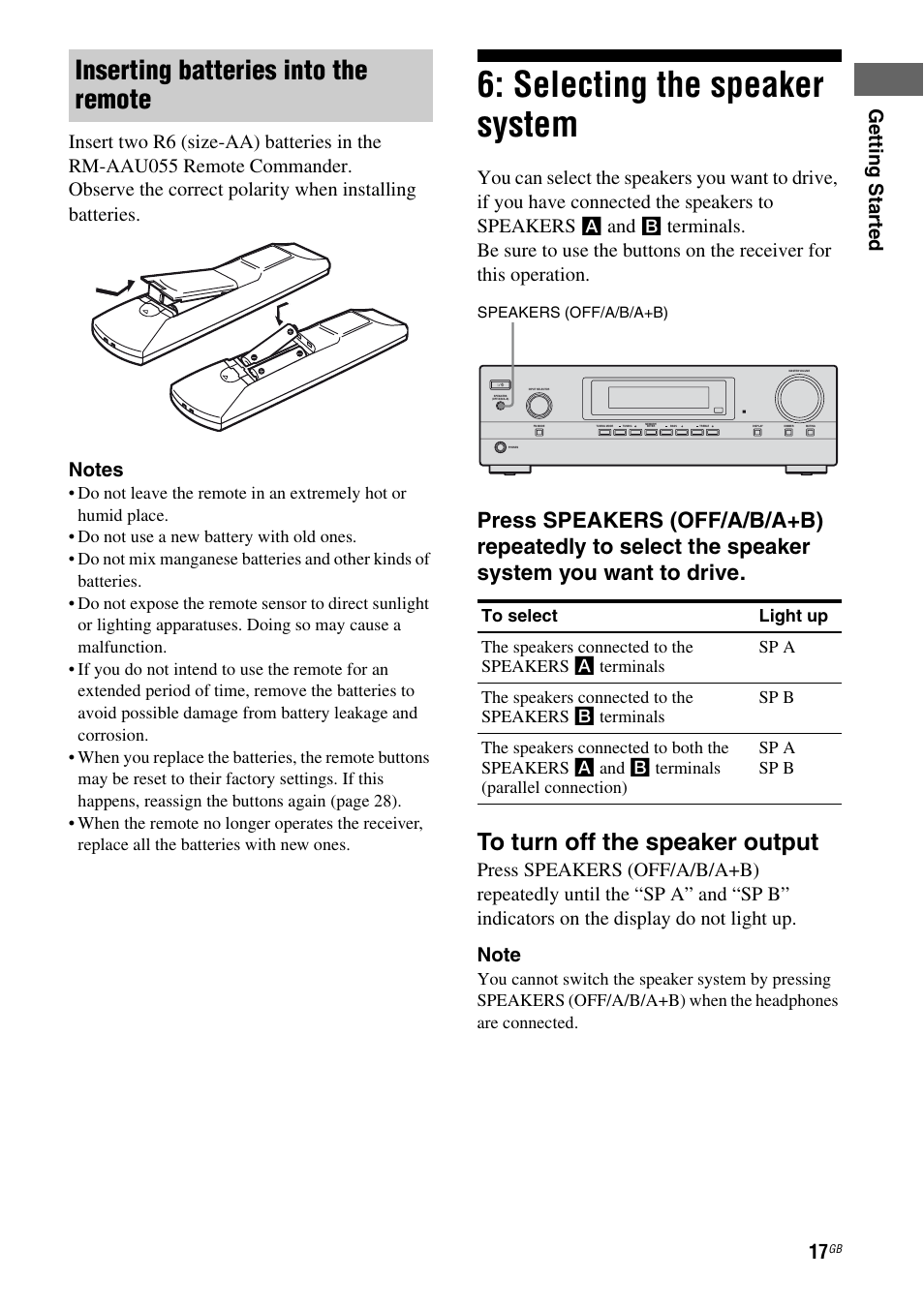 Selecting the speaker system, Inserting batteries into the remote | Sony STR-DH100 User Manual | Page 17 / 36