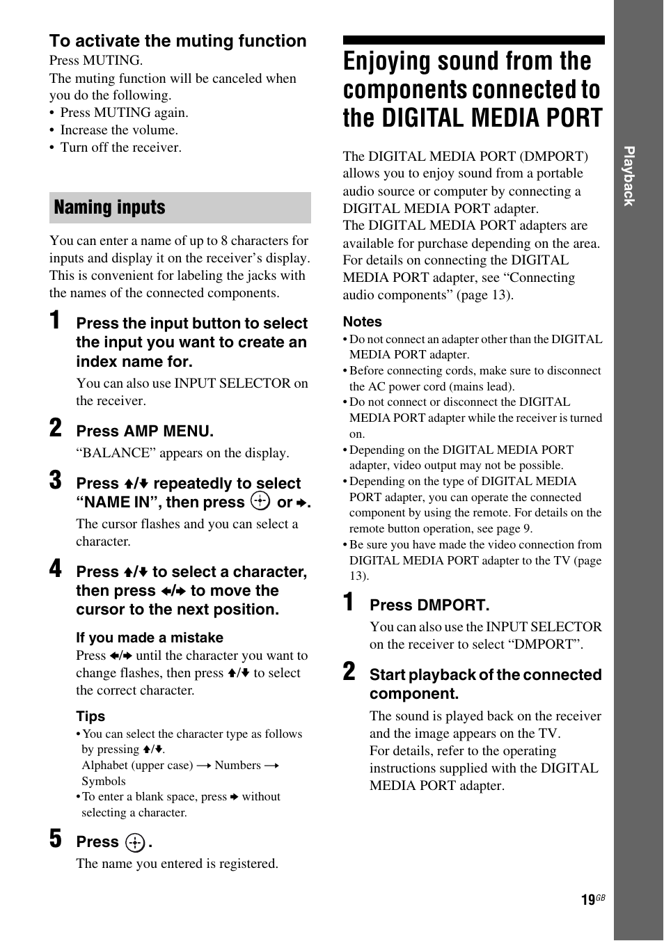 Enjoying sound from the components, Connected to the digital media, Port | Naming inputs | Sony STR-DH100 User Manual | Page 19 / 36