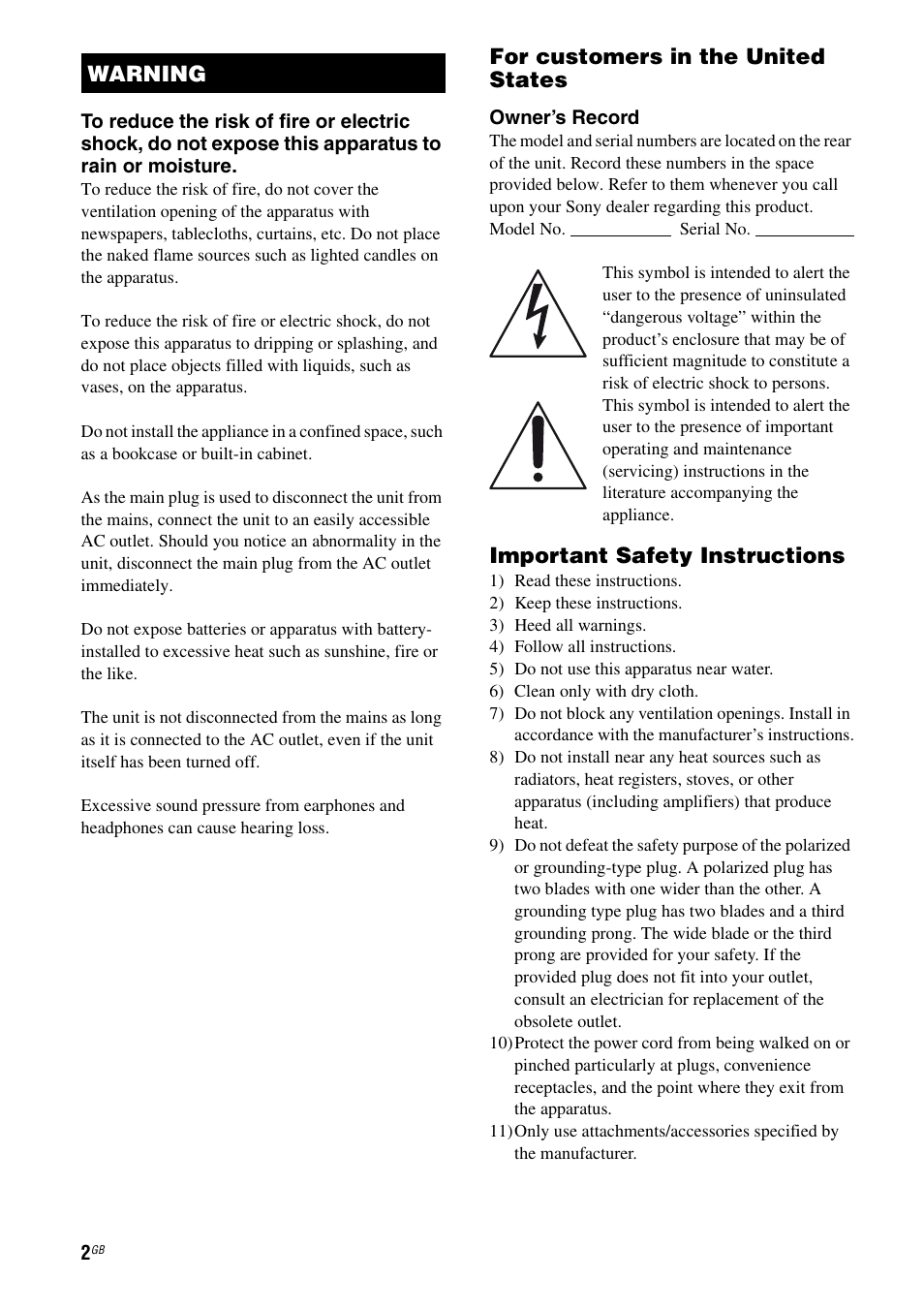 For customers in the united states, Important safety instructions, Warning | Sony STR-DH100 User Manual | Page 2 / 36