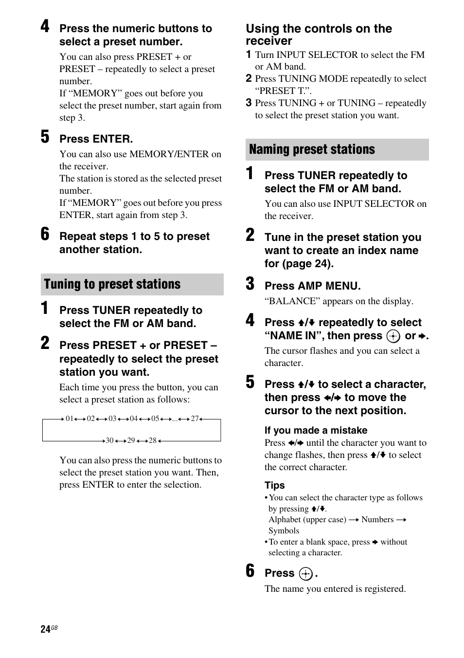 Tuning to preset stations, Naming preset stations | Sony STR-DH100 User Manual | Page 24 / 36