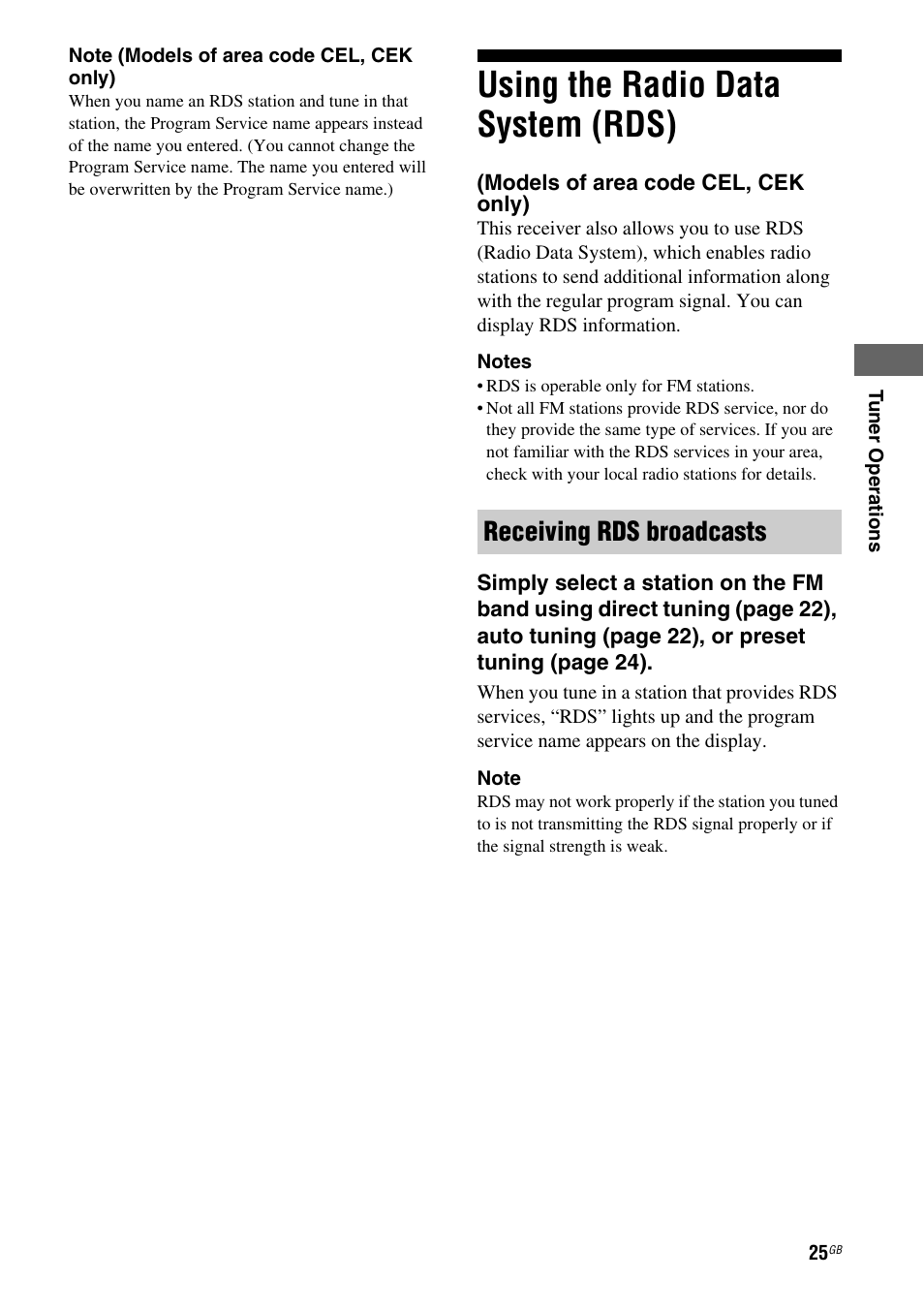 Using the radio data system (rds), Models of area code cel, cek only), Receiving rds broadcasts | Sony STR-DH100 User Manual | Page 25 / 36