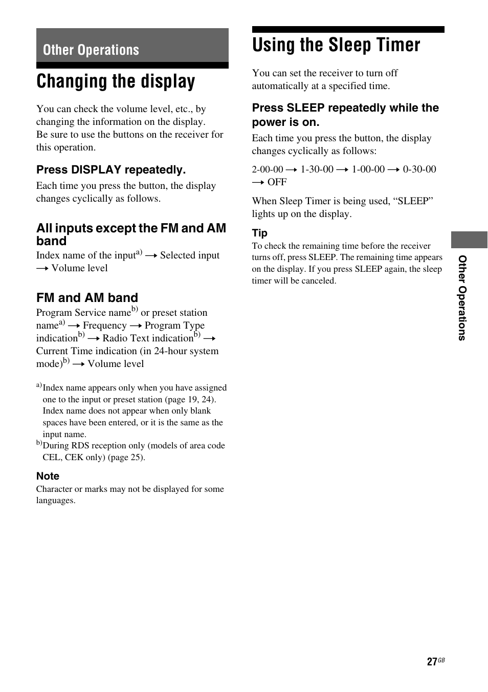 Other operations, Changing the display, Using the sleep timer | Changing the display using the sleep timer, All inputs except the fm and am band, Fm and am band | Sony STR-DH100 User Manual | Page 27 / 36