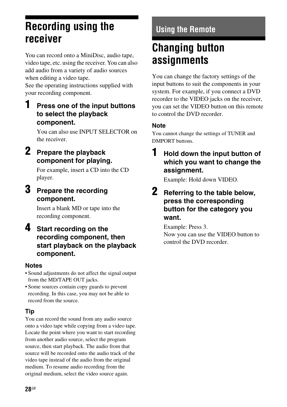 Recording using the receiver, Using the remote, Changing button assignments | Sony STR-DH100 User Manual | Page 28 / 36