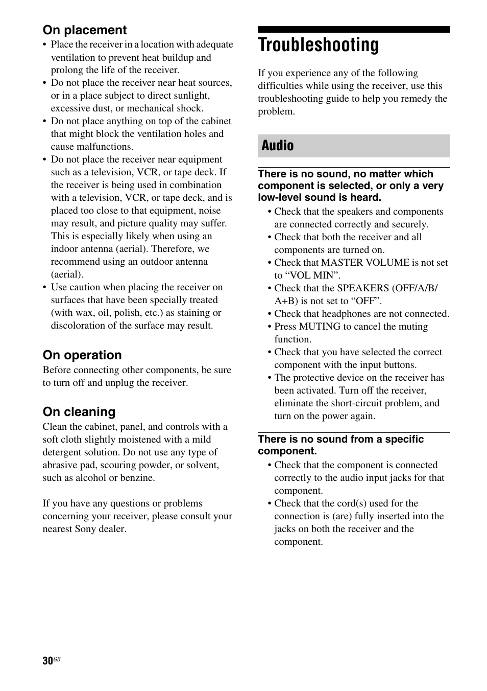 Troubleshooting, Audio | Sony STR-DH100 User Manual | Page 30 / 36