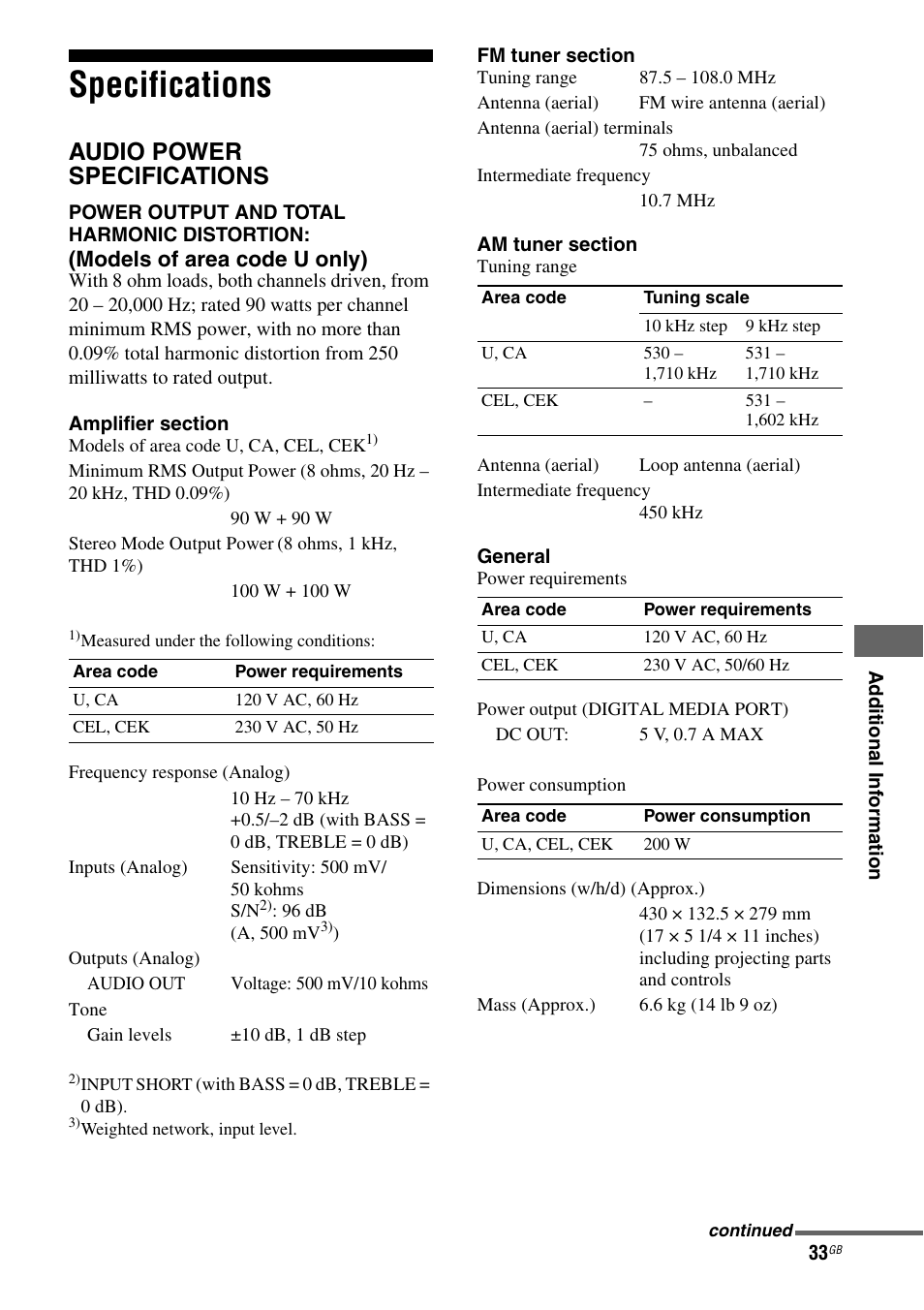 Specifications, Audio power specifications | Sony STR-DH100 User Manual | Page 33 / 36