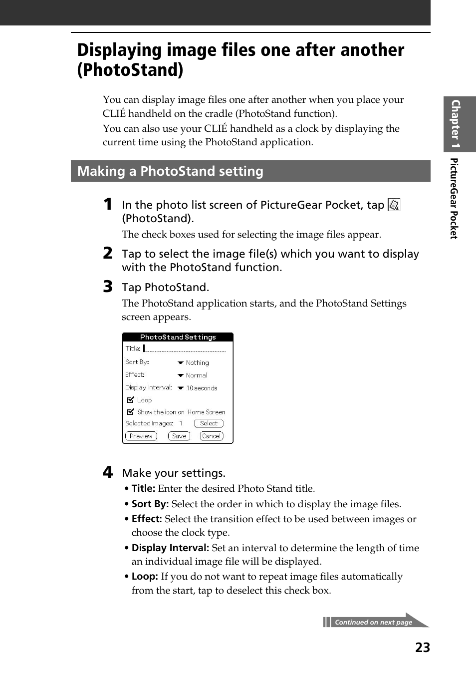 Making a photostand setting | Sony PEG-T615C User Manual | Page 23 / 104