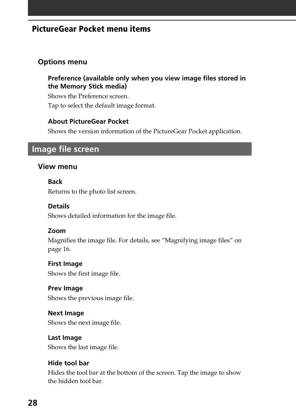 Image file screen, 28 picturegear pocket menu items | Sony PEG-T615C User Manual | Page 28 / 104