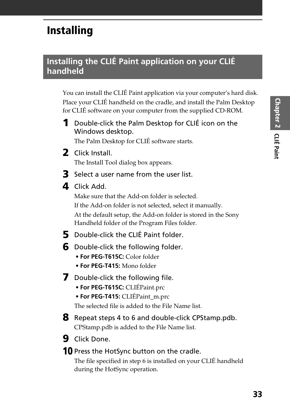 Installing | Sony PEG-T615C User Manual | Page 33 / 104