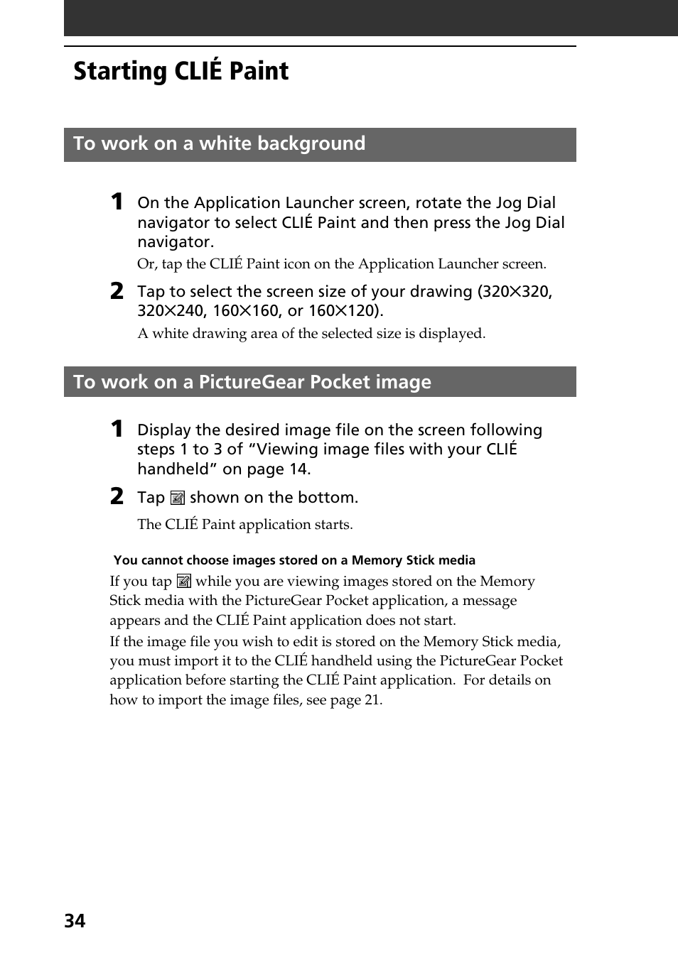 Starting clié paint, To work on a white background, To work on a picturegear pocket image | Sony PEG-T615C User Manual | Page 34 / 104