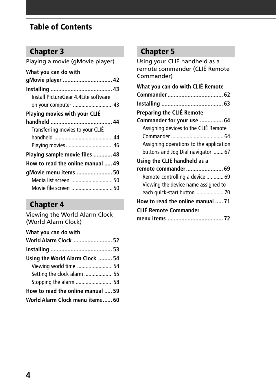 4table of contents chapter 3, Chapter 4, Chapter 5 | Sony PEG-T615C User Manual | Page 4 / 104