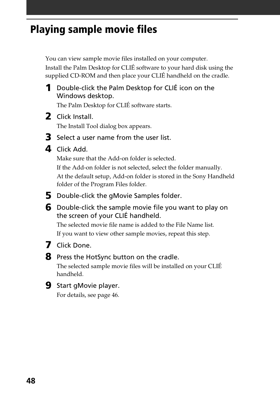 Playing sample movie files | Sony PEG-T615C User Manual | Page 48 / 104