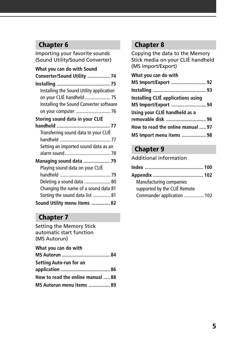 5chapter 6, Chapter 7, Chapter 8 | Chapter 9 | Sony PEG-T615C User Manual | Page 5 / 104