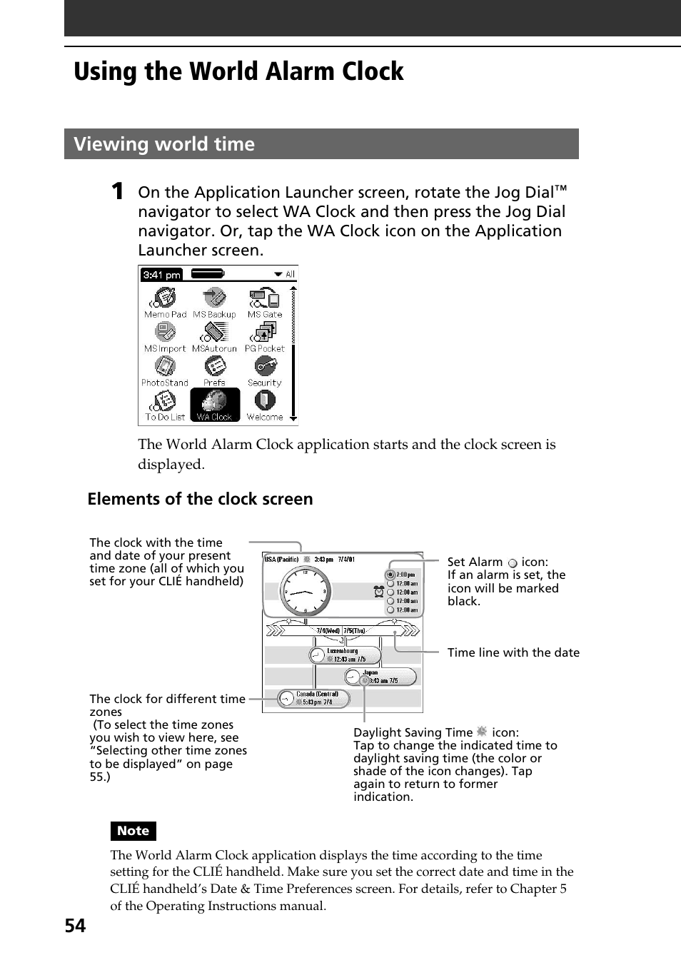 Using the world alarm clock, Viewing world time | Sony PEG-T615C User Manual | Page 54 / 104