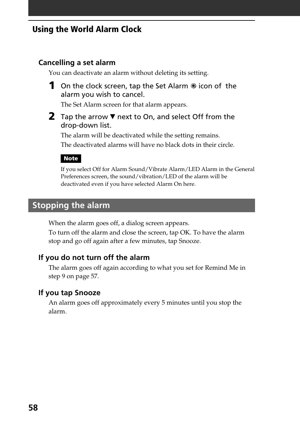Stopping the alarm, Using the world alarm clock | Sony PEG-T615C User Manual | Page 58 / 104