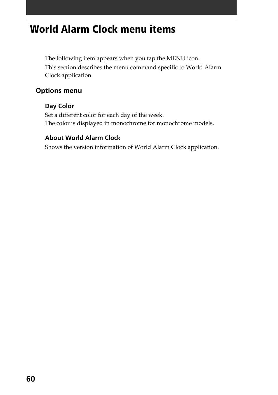 World alarm clock menu items | Sony PEG-T615C User Manual | Page 60 / 104