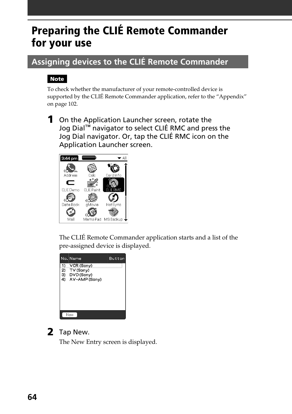 Preparing the clié remote commander for your use, Assigning devices to the clié remote commander | Sony PEG-T615C User Manual | Page 64 / 104