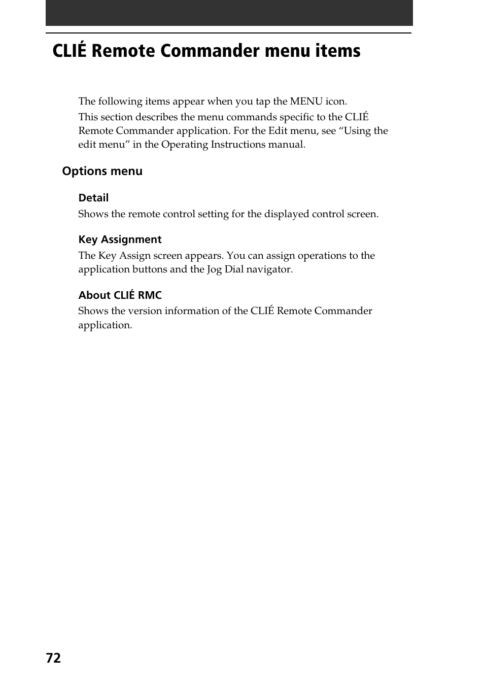 Clié remote commander menu items | Sony PEG-T615C User Manual | Page 72 / 104