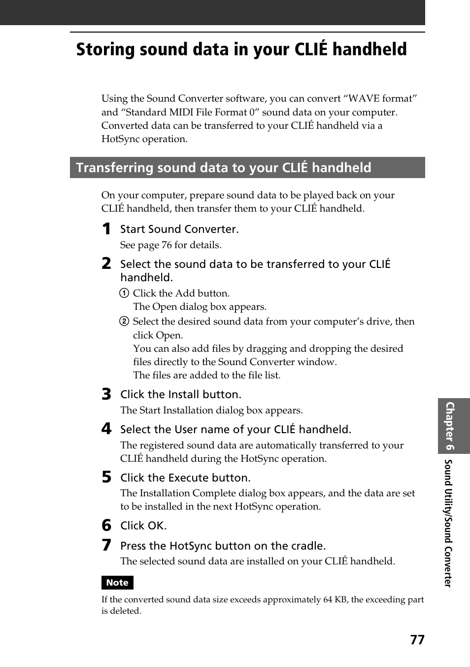 Storing sound data in your clié handheld, Transferring sound data to your clié handheld | Sony PEG-T615C User Manual | Page 77 / 104