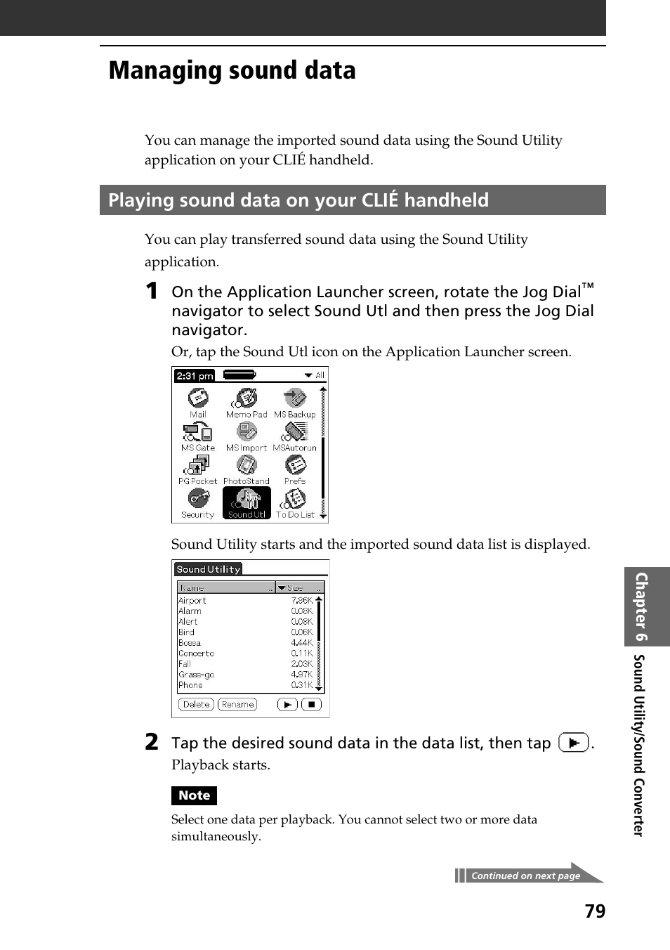 Managing sound data, Playing sound data on your clié handheld | Sony PEG-T615C User Manual | Page 79 / 104