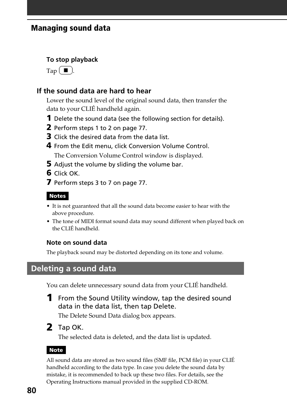 Deleting a sound data, Managing sound data | Sony PEG-T615C User Manual | Page 80 / 104