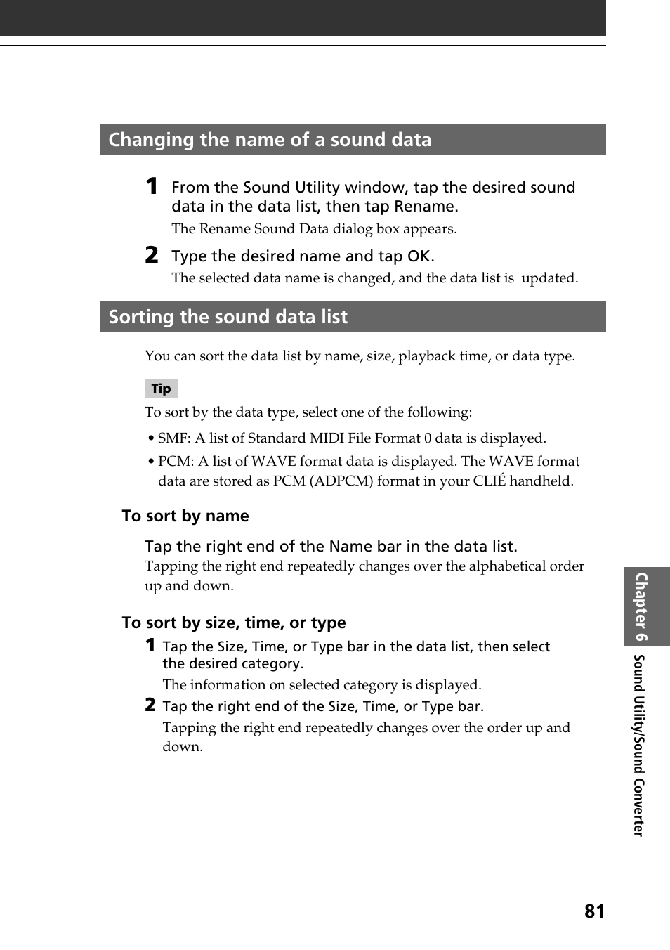 Changing the name of a sound data, Sorting the sound data list | Sony PEG-T615C User Manual | Page 81 / 104