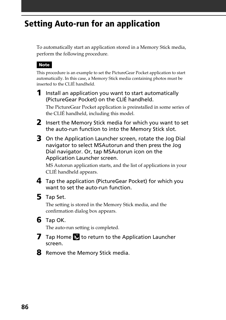 Setting auto-run for an application | Sony PEG-T615C User Manual | Page 86 / 104