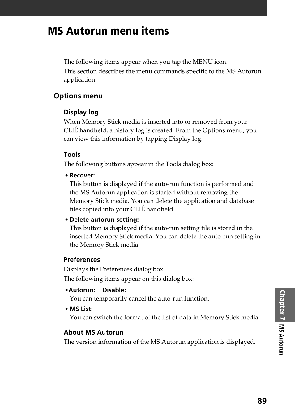 Ms autorun menu items | Sony PEG-T615C User Manual | Page 89 / 104