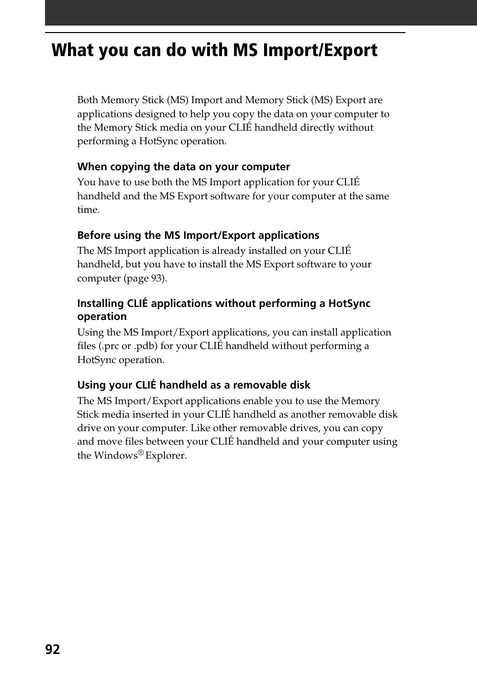 What you can do with ms import/export | Sony PEG-T615C User Manual | Page 92 / 104