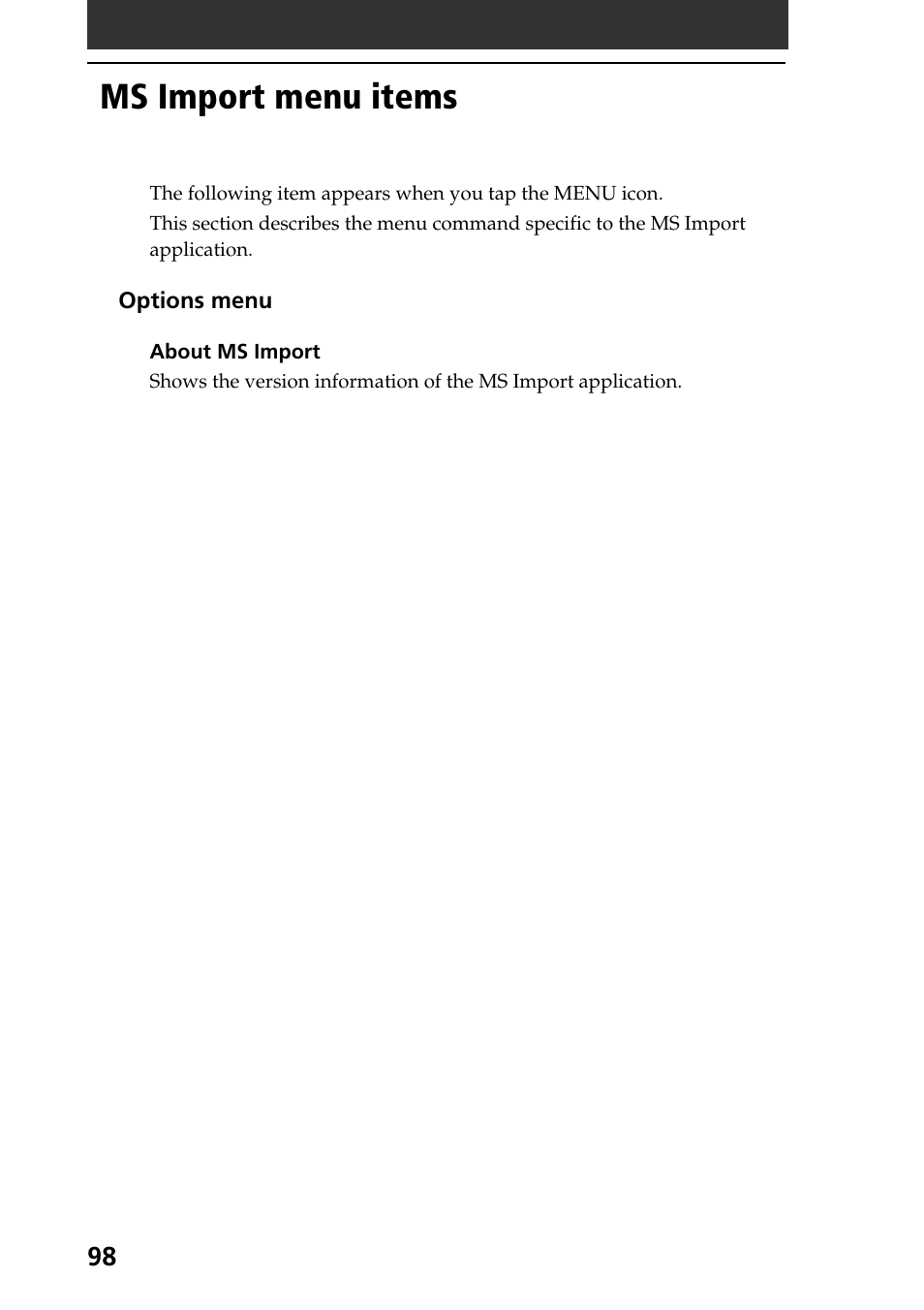 Ms import menu items | Sony PEG-T615C User Manual | Page 98 / 104