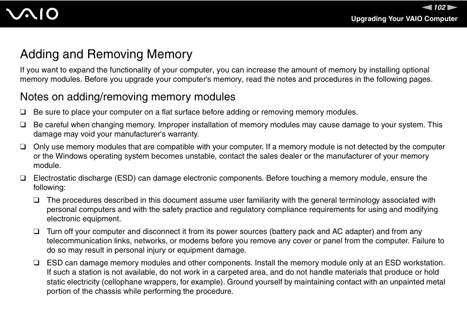 Adding and removing memory | Sony VAIO VGN-FW200 User Manual | Page 102 / 186