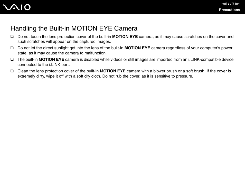 Handling the built-in motion eye camera | Sony VAIO VGN-FW200 User Manual | Page 113 / 186