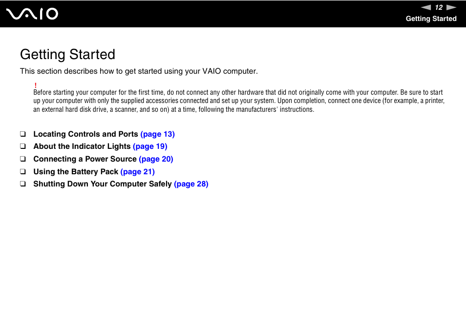 Getting started | Sony VAIO VGN-FW200 User Manual | Page 12 / 186