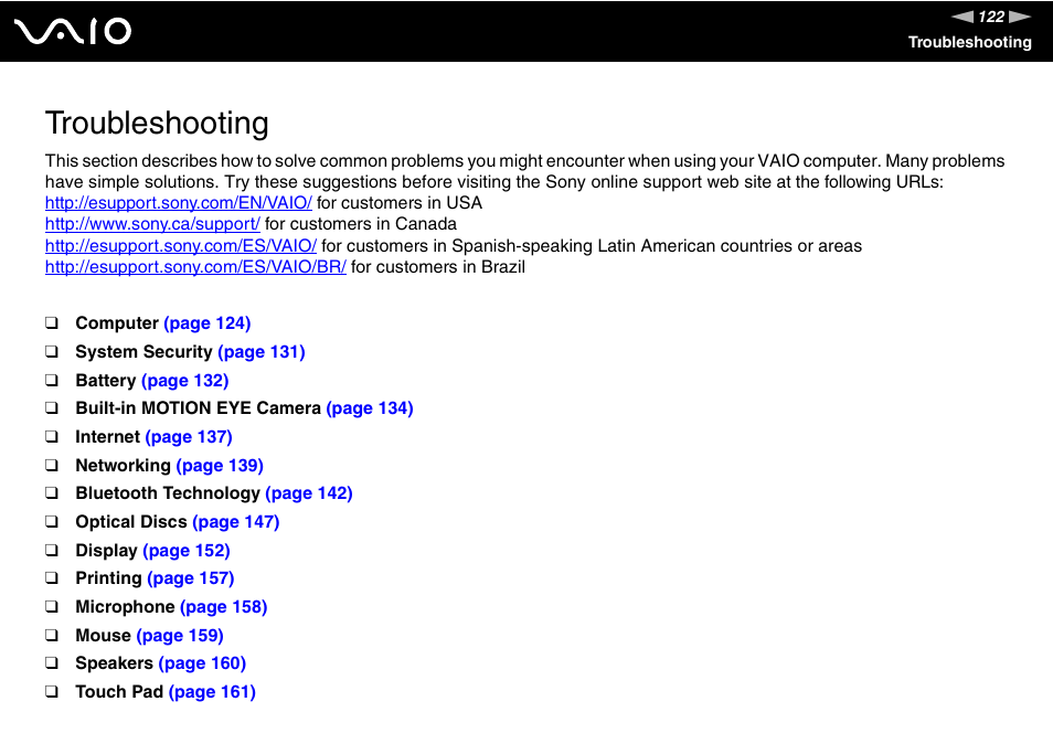 Troubleshooting | Sony VAIO VGN-FW200 User Manual | Page 122 / 186