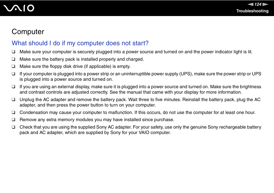 Computer, What should i do if my computer does not start | Sony VAIO VGN-FW200 User Manual | Page 124 / 186