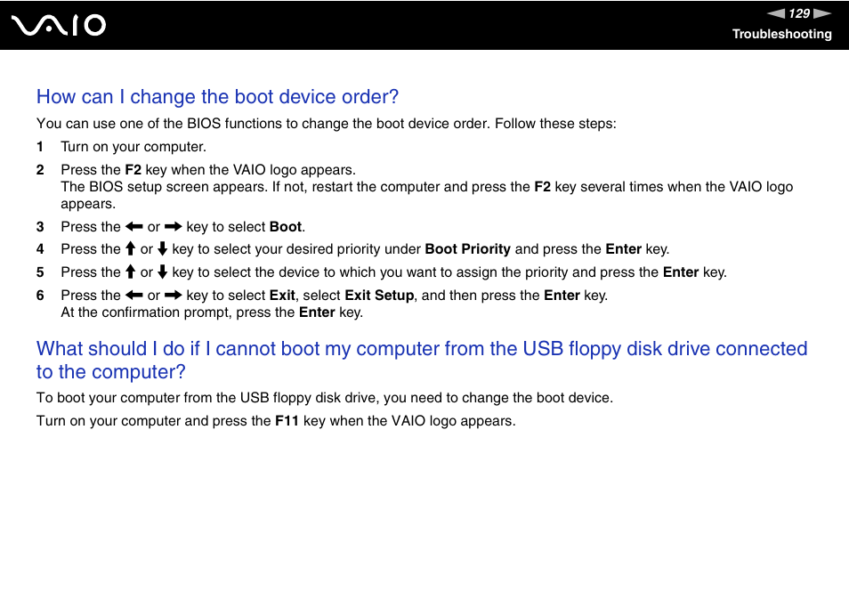 How can i change the boot device order | Sony VAIO VGN-FW200 User Manual | Page 129 / 186